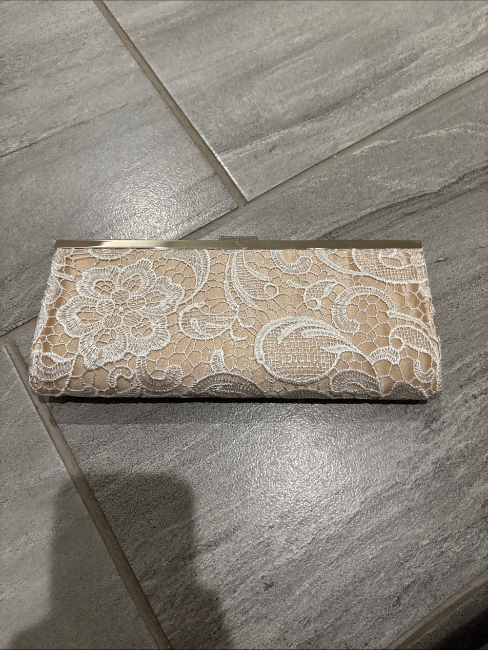 Style & Co. Beige Clutch with White Lace Overlay